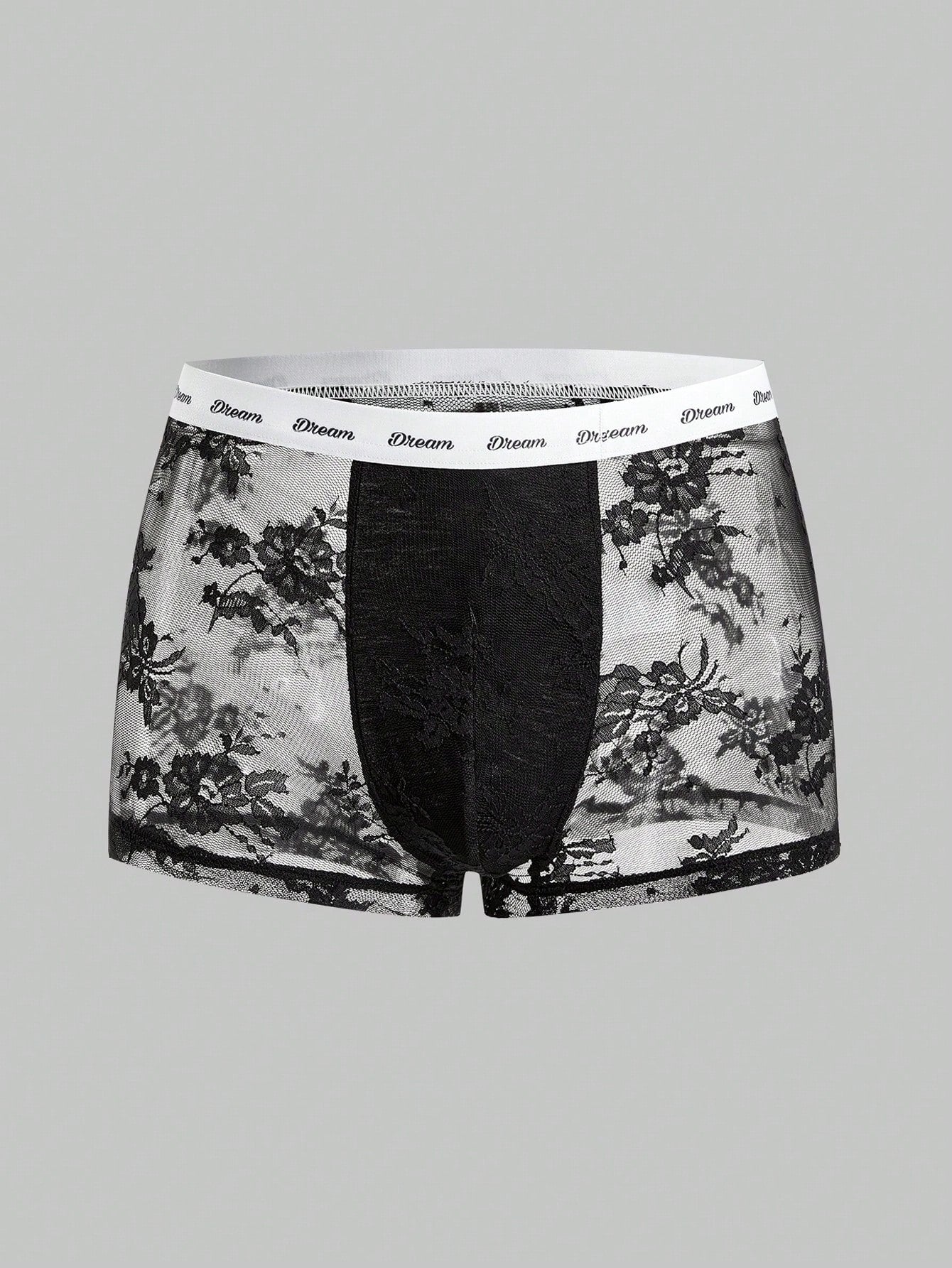 Men's black and white lace trim briefs with tape details and letter and plant pattern, shown as a short regular-fit underwear style.