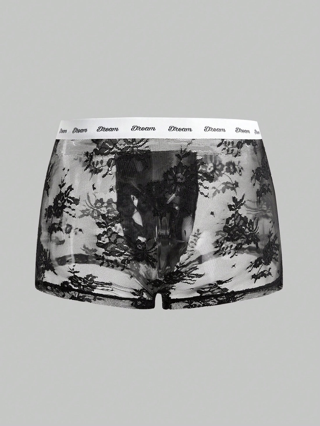 Men's black and white lace trim briefs with tape details and letter and plant pattern, shown as a short regular-fit underwear style.