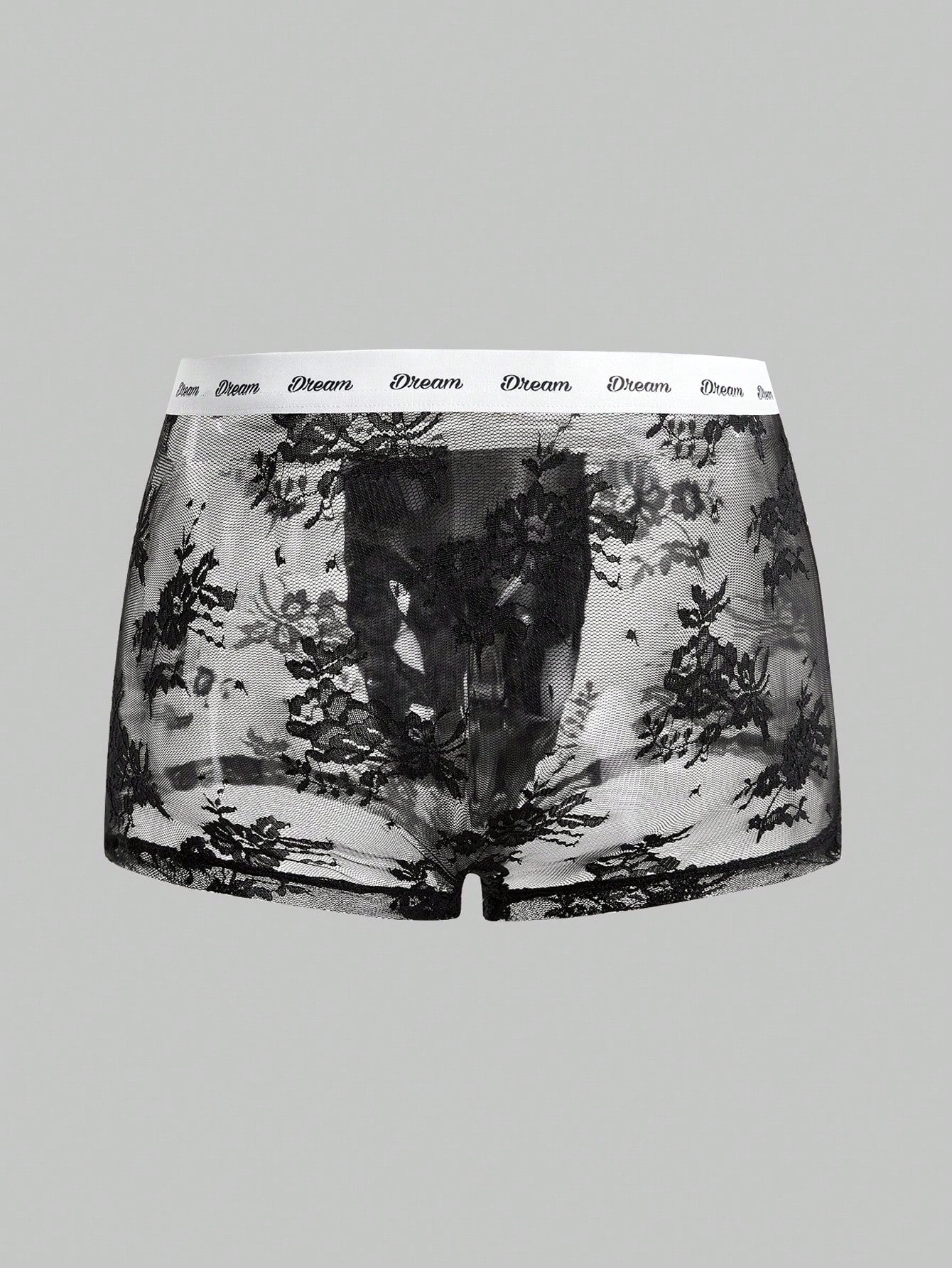 Men's black and white lace trim briefs with tape details and letter and plant pattern, shown as a short regular-fit underwear style.