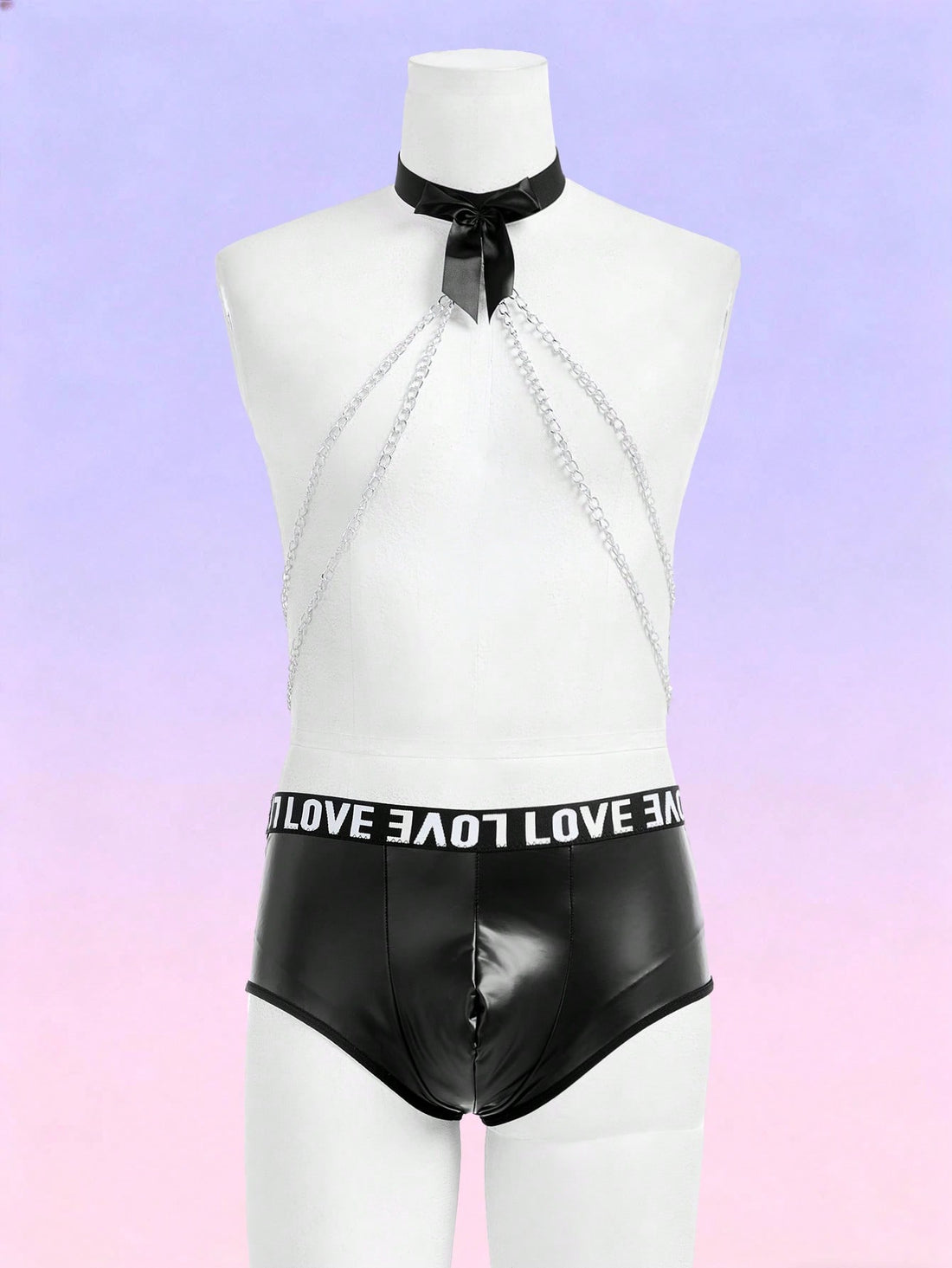 Black men's mid-rise briefs with letter woven strap, backless knot and tape details, and chain necklace