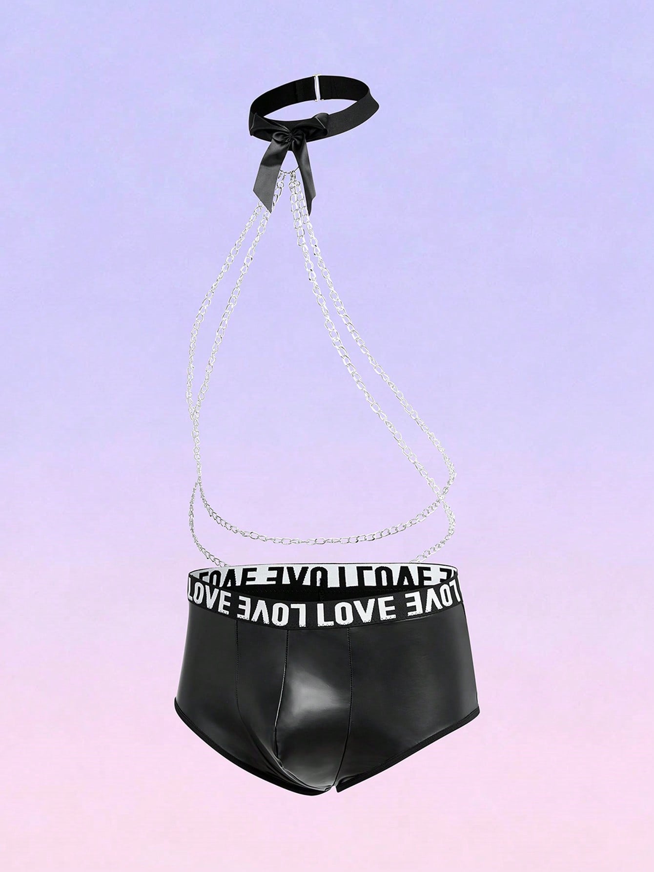 Black men's mid-rise briefs with letter woven strap, backless knot and tape details, and chain necklace