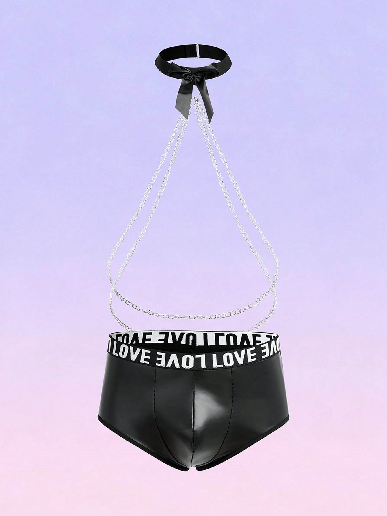 Black men's mid-rise briefs with letter woven strap, backless knot and tape details, and chain necklace