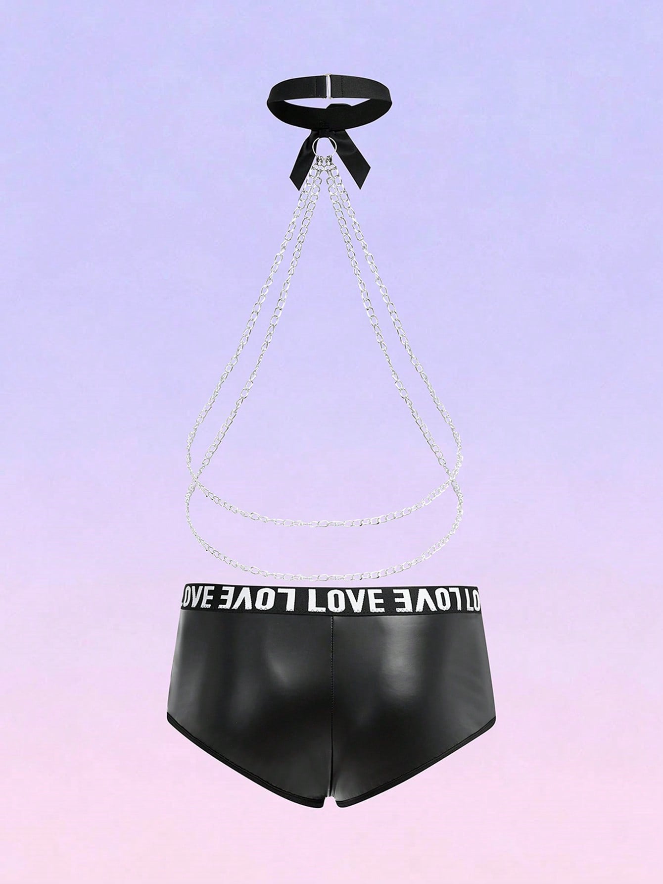 Black men's mid-rise briefs with letter woven strap, backless knot and tape details, and chain necklace