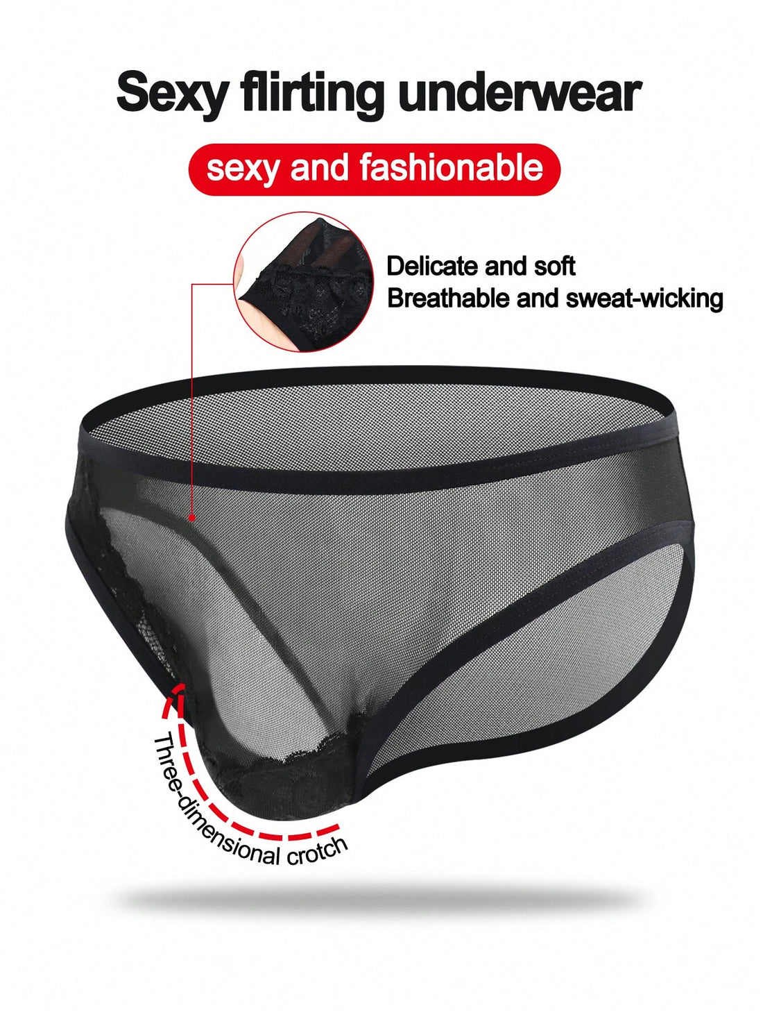 Black mid-rise mesh briefs for men featuring a hollow lace design and colorblock pattern.
