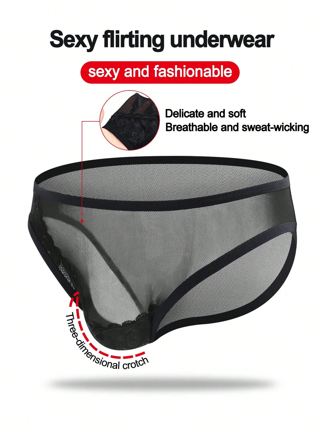 Black mid-rise mesh briefs for men featuring a hollow lace design and colorblock pattern.