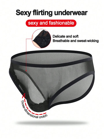 Black mid-rise mesh briefs for men featuring a hollow lace design and colorblock pattern.