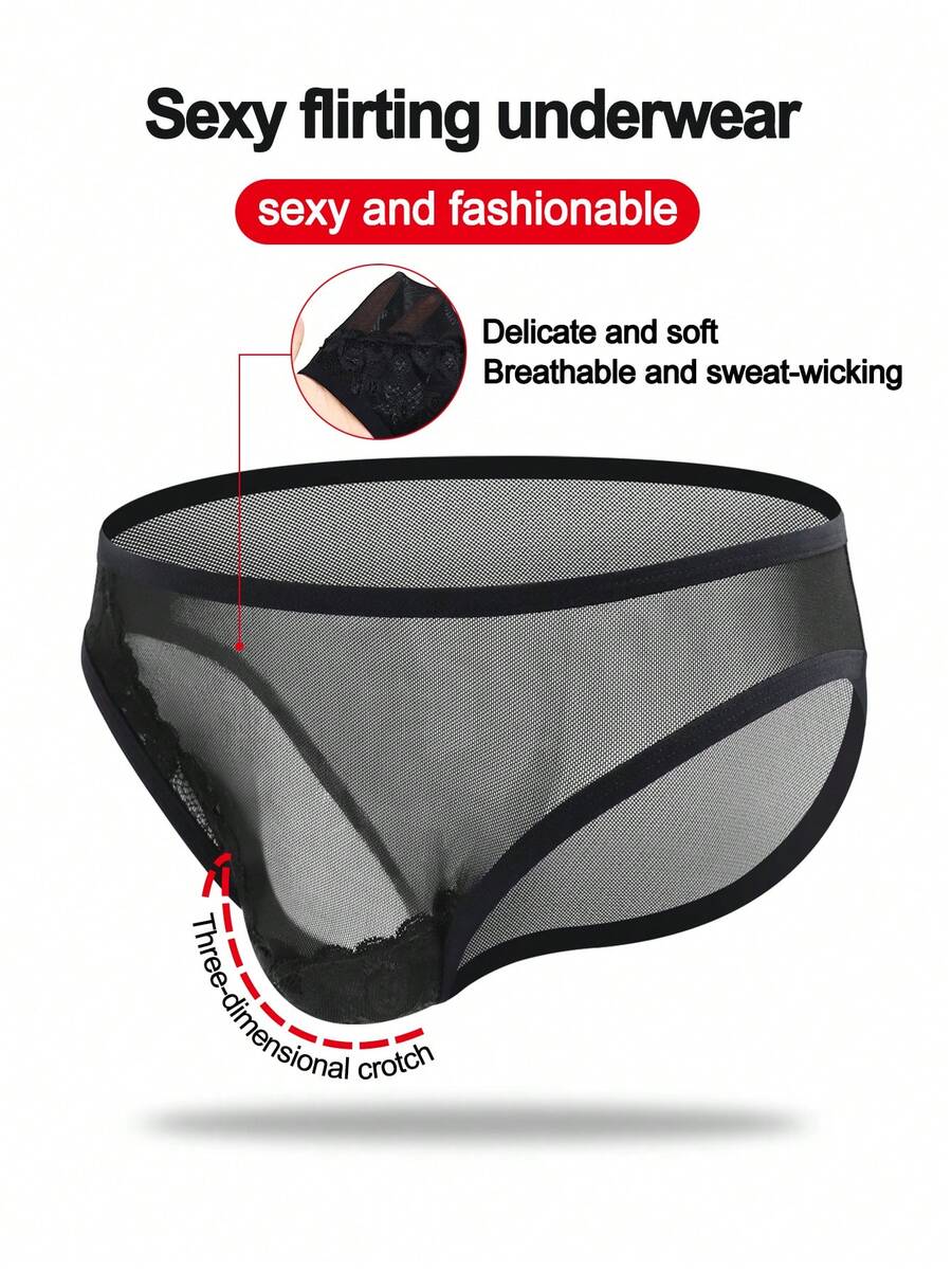 Black mid-rise mesh briefs for men featuring a hollow lace design and colorblock pattern.