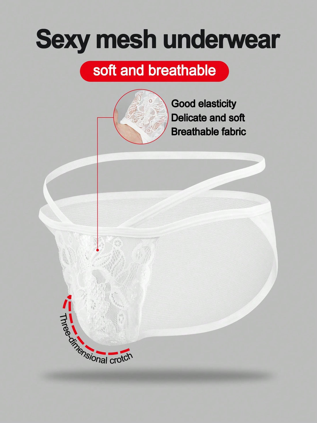 Fashionable Alluring White Lace Breathable White Hollow Mesh Mid-Rise Sexy Men's Underwear