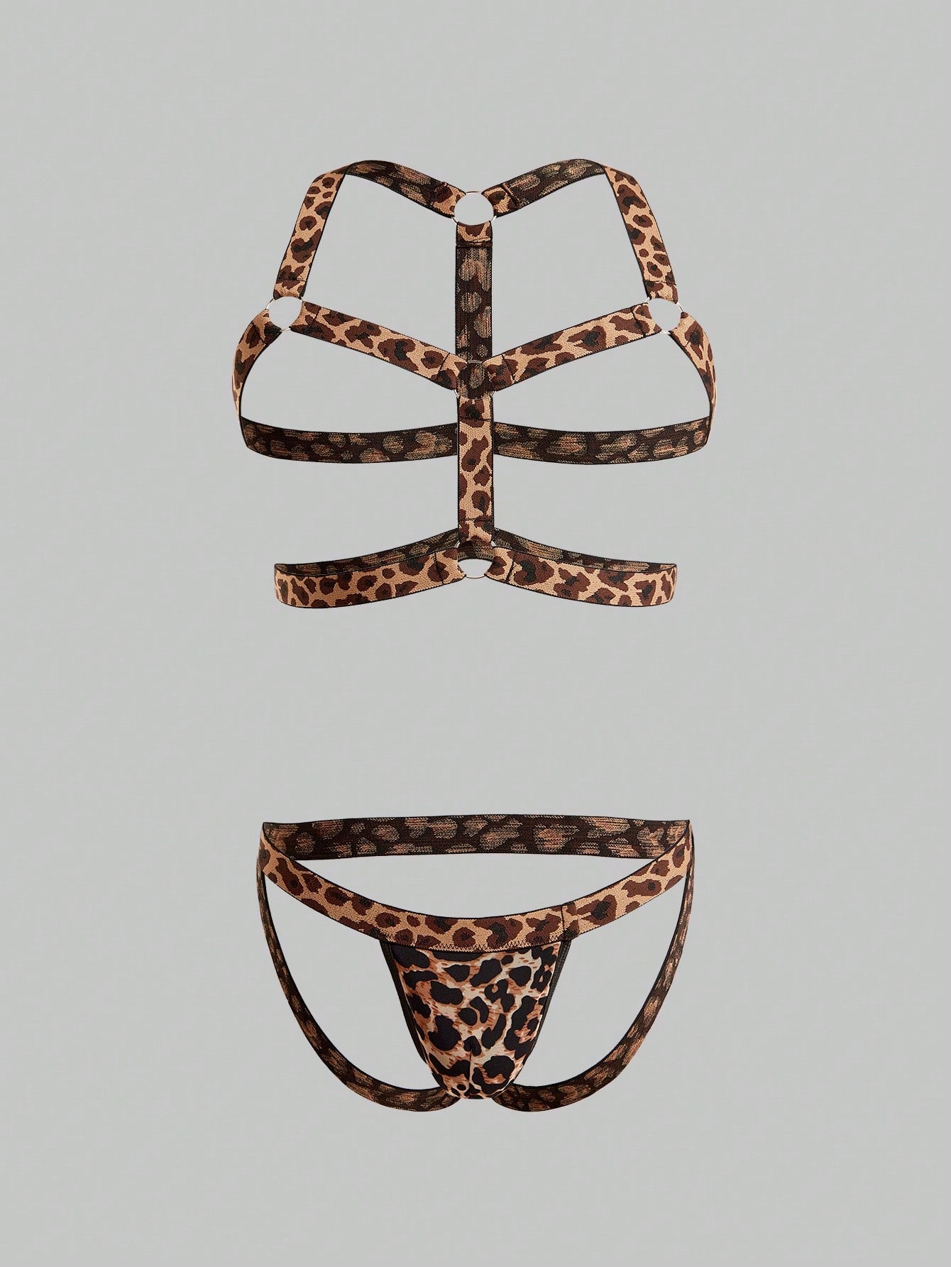 Men's leopard print mesh lingerie set with short vest, leopard tape details, knot accent, and low-rise thong.