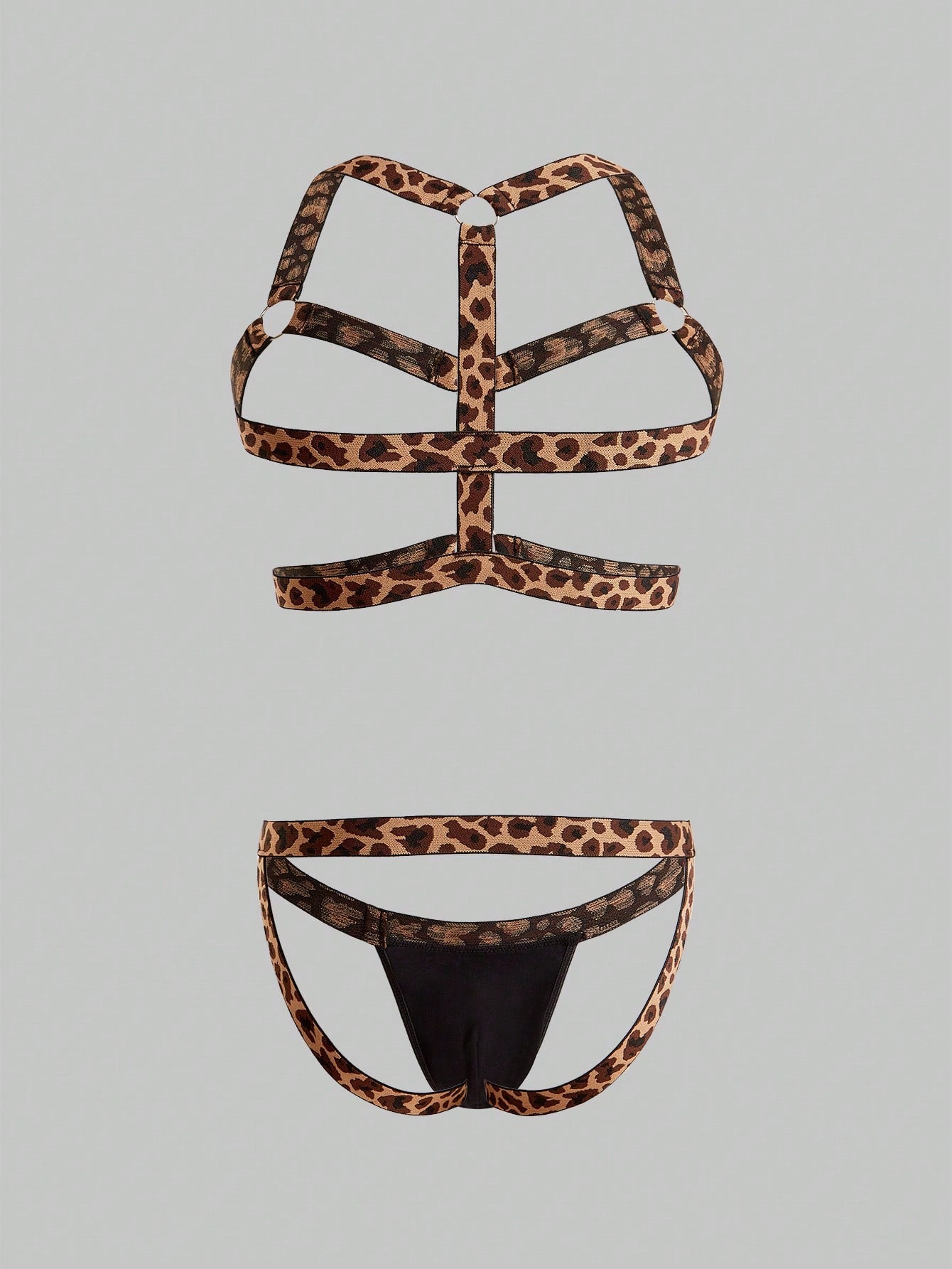 Men's leopard print mesh lingerie set with short vest, leopard tape details, knot accent, and low-rise thong.