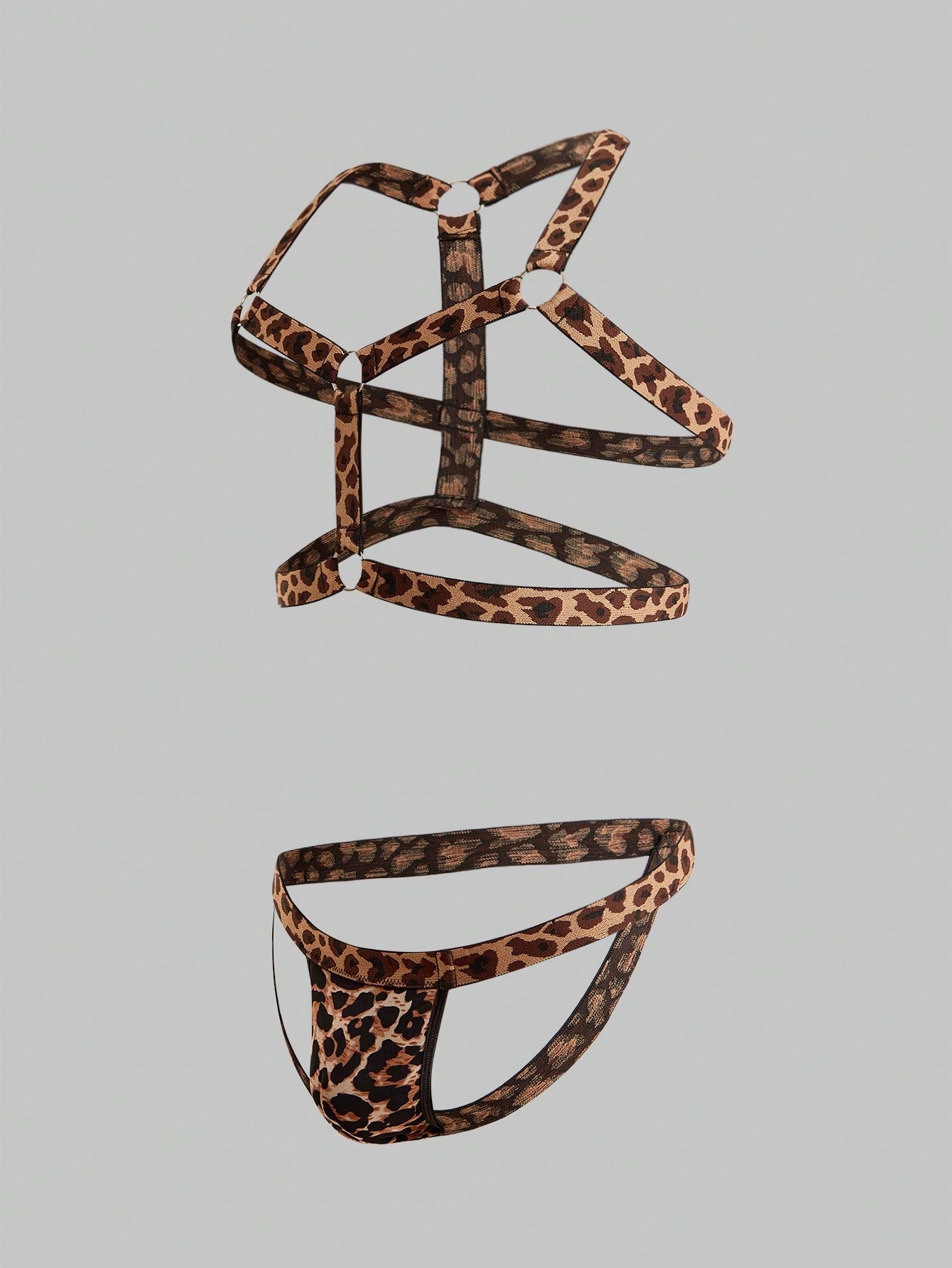 Men's leopard print mesh lingerie set with short vest, leopard tape details, knot accent, and low-rise thong.