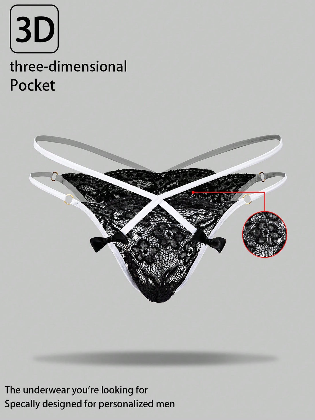 Men's black lace thong underwear with sheer details and bowknot ribbon accent, low-rise semi-sheer design