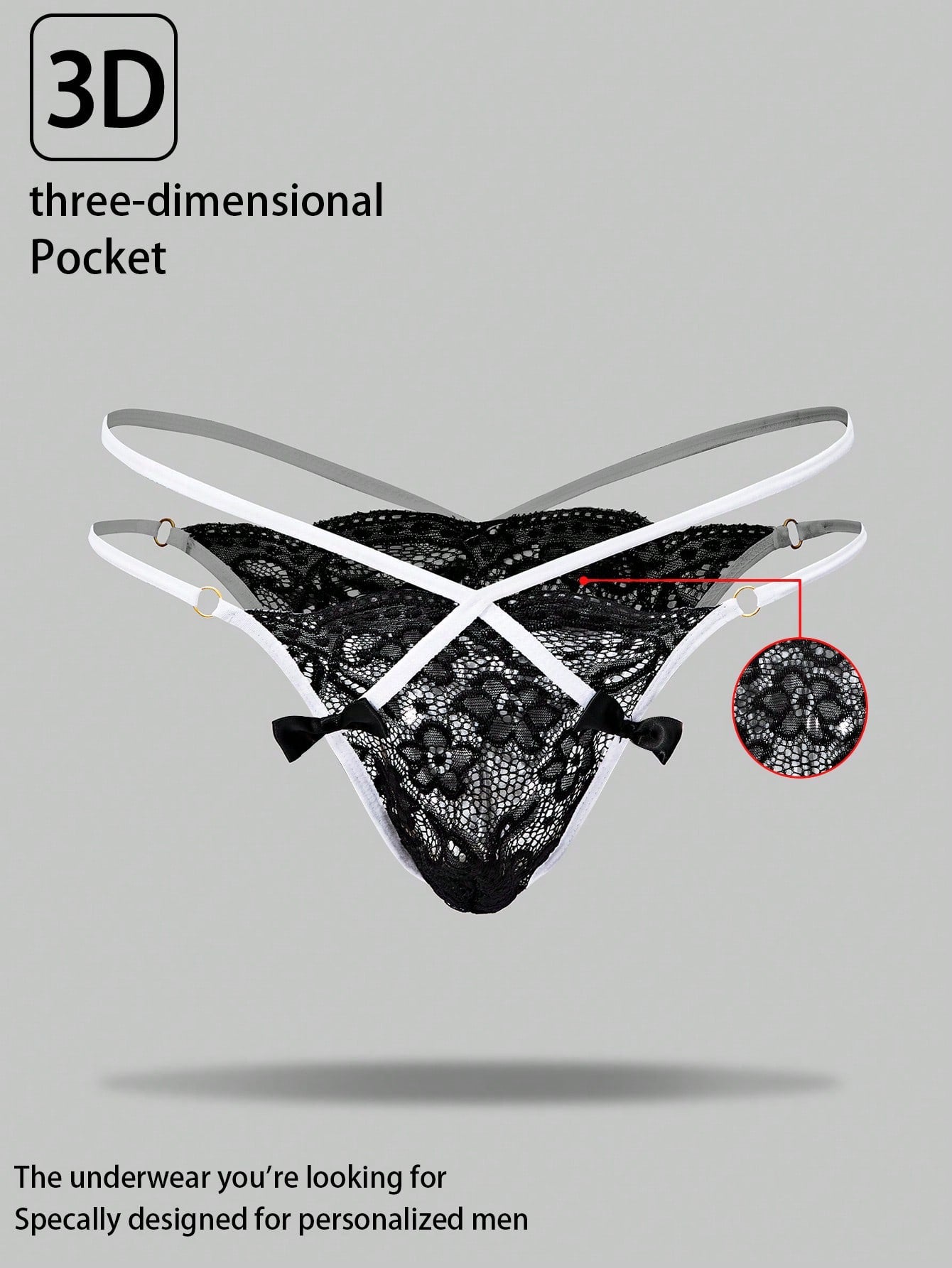 Men's black lace thong underwear with sheer details and bowknot ribbon accent, low-rise semi-sheer design
