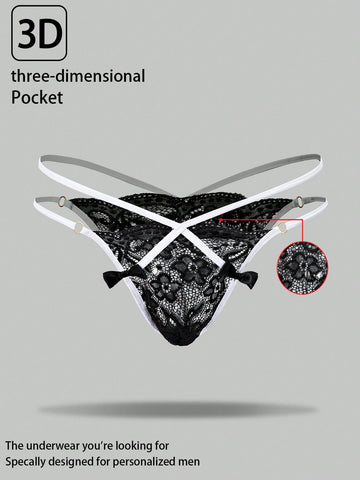 Men's black lace thong underwear with sheer details and bowknot ribbon accent, low-rise semi-sheer design
