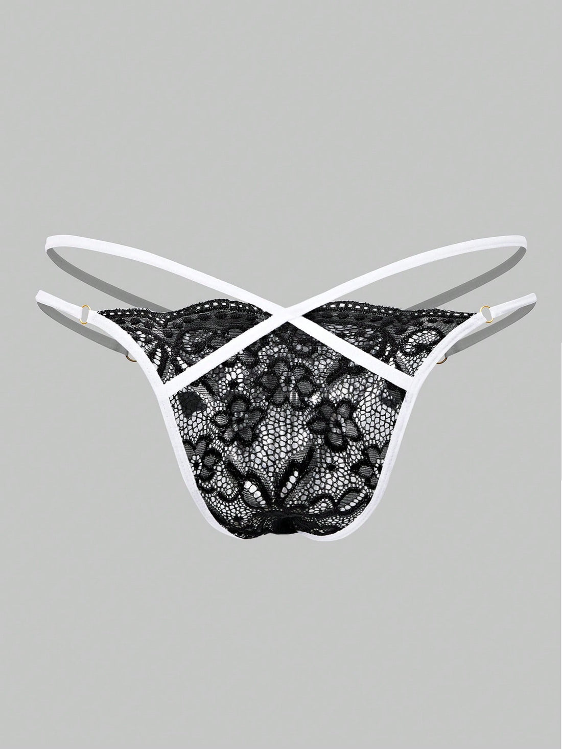Men's black lace thong underwear with sheer details and bowknot ribbon accent, low-rise semi-sheer design
