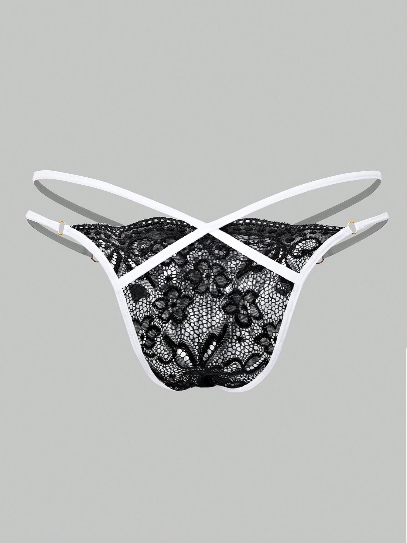 Men's black lace thong underwear with sheer details and bowknot ribbon accent, low-rise semi-sheer design