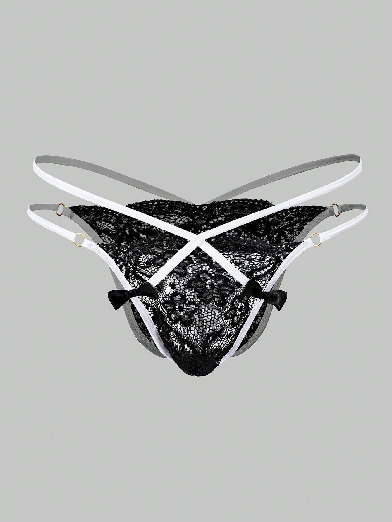 Men's black lace thong underwear with sheer details and bowknot ribbon accent, low-rise semi-sheer design
