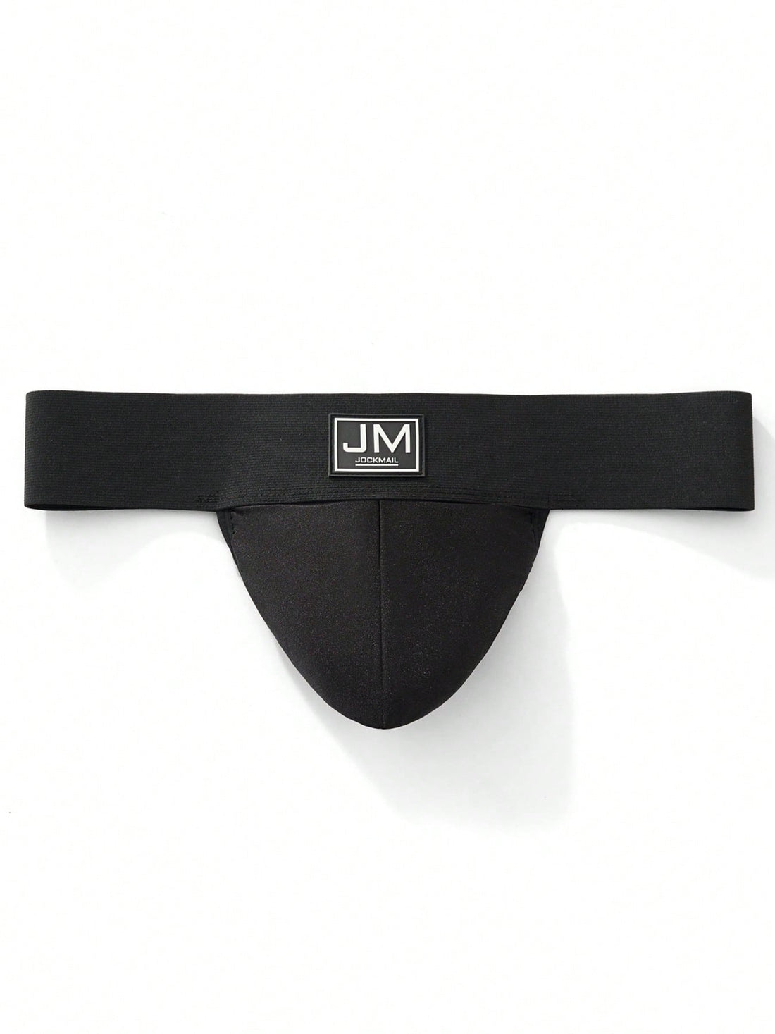 Men's black low-rise thong underwear with wide waistband and letter pattern, made from medium-stretch fabric.