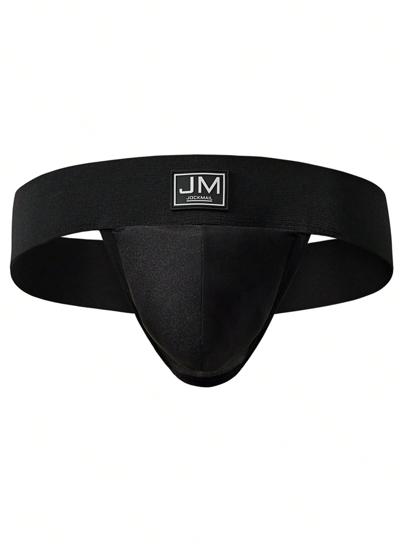 Men's black low-rise thong underwear with wide waistband and letter pattern, made from medium-stretch fabric.