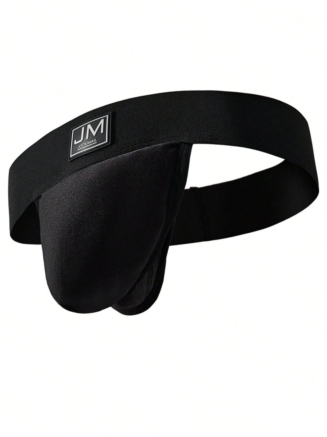 Men's black low-rise thong underwear with wide waistband and letter pattern, made from medium-stretch fabric.