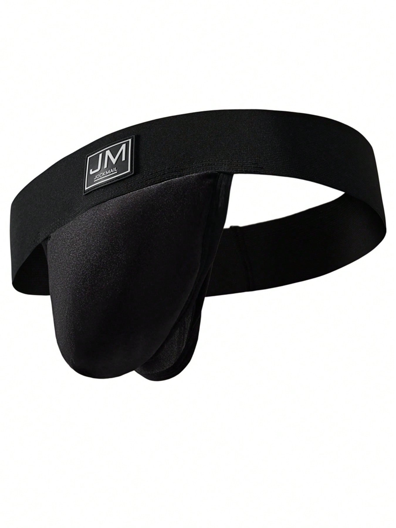 Men's black low-rise thong underwear with wide waistband and letter pattern, made from medium-stretch fabric.