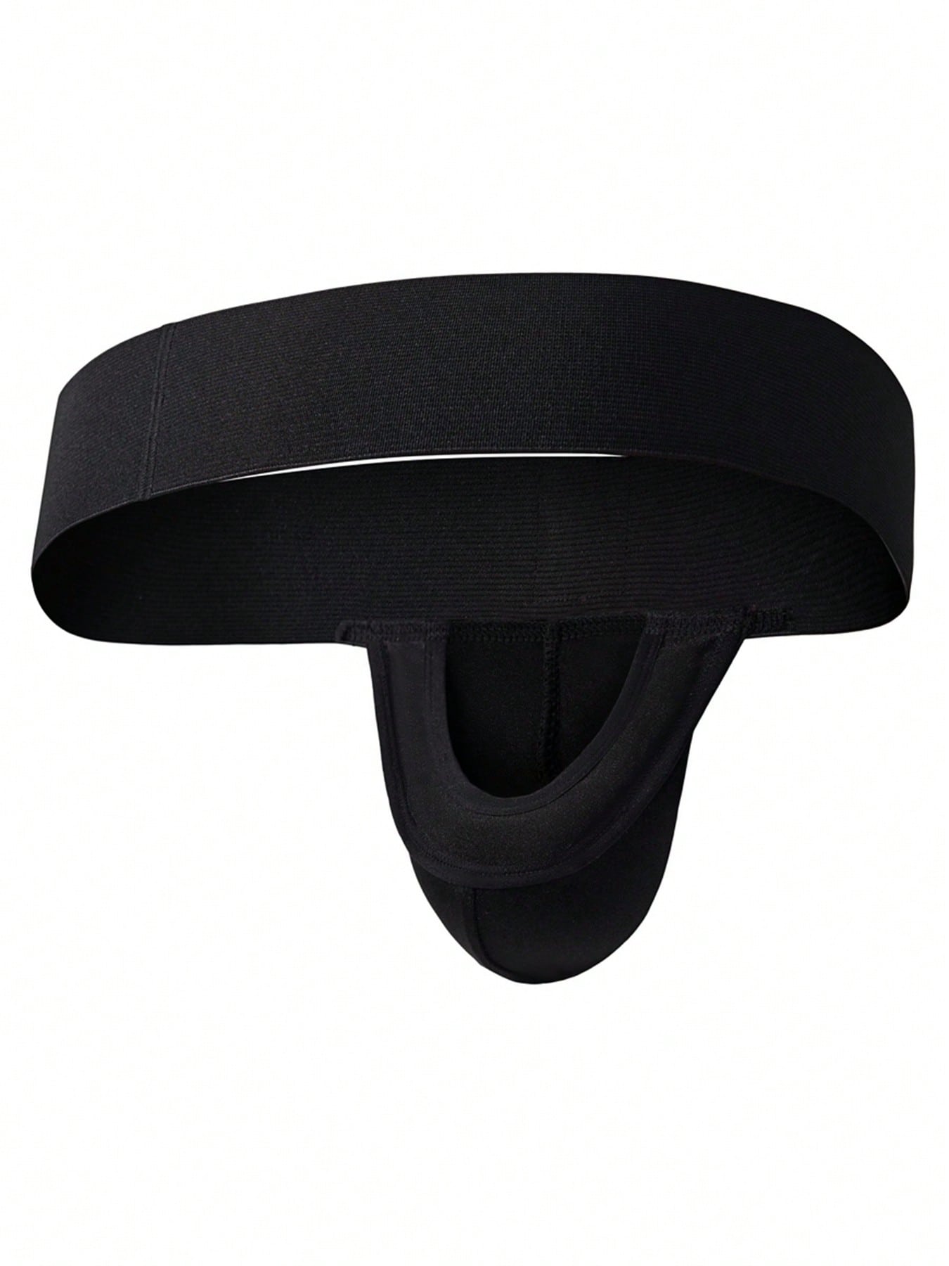 Men's black low-rise thong underwear with wide waistband and letter pattern, made from medium-stretch fabric.