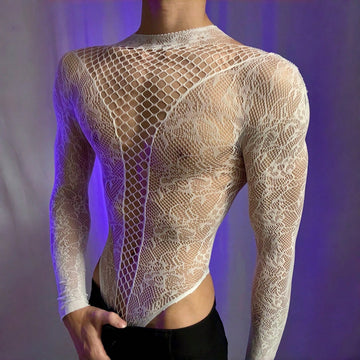 Men's white mesh one-piece jumpsuit costume with round neck, hollow-out design, low rise fit, and semi-sheer high-stretch fabric