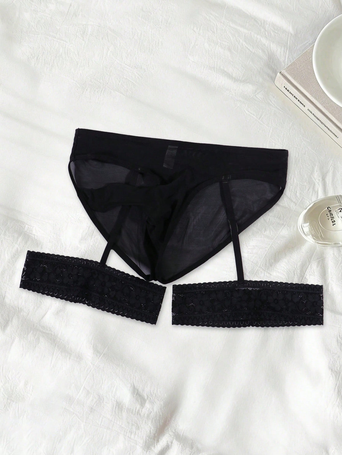 Men's Sexy Mesh See-Through Pouch Briefs With Lace Leg Garter