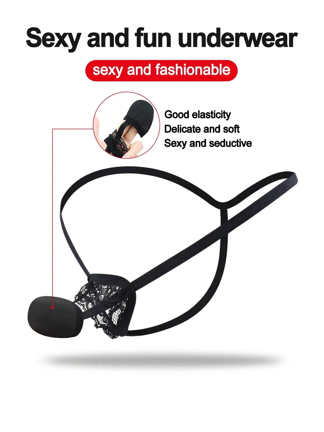 Black slim fit men's thong with lace waist detail and colorblock design