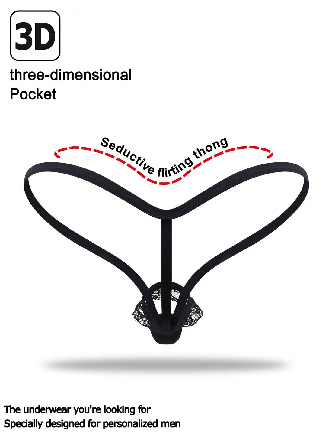 Black slim fit men's thong with lace waist detail and colorblock design