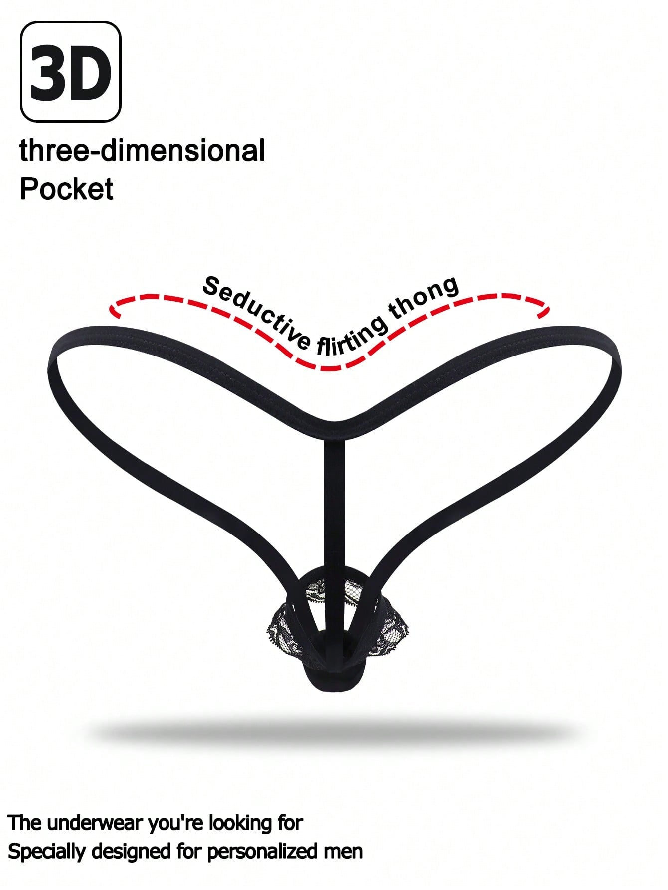 Black slim fit men's thong with lace waist detail and colorblock design