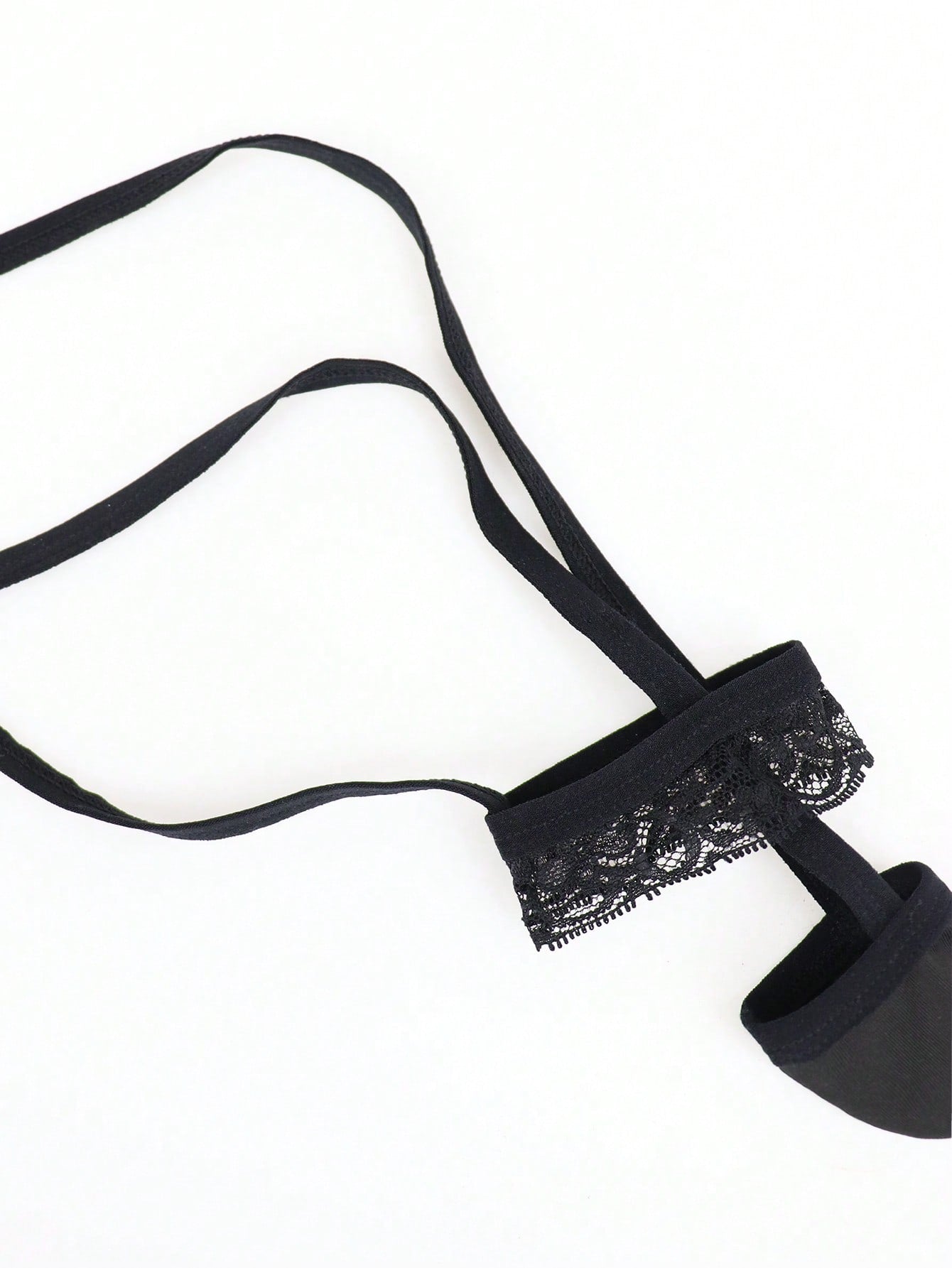 Black slim fit men's thong with lace waist detail and colorblock design