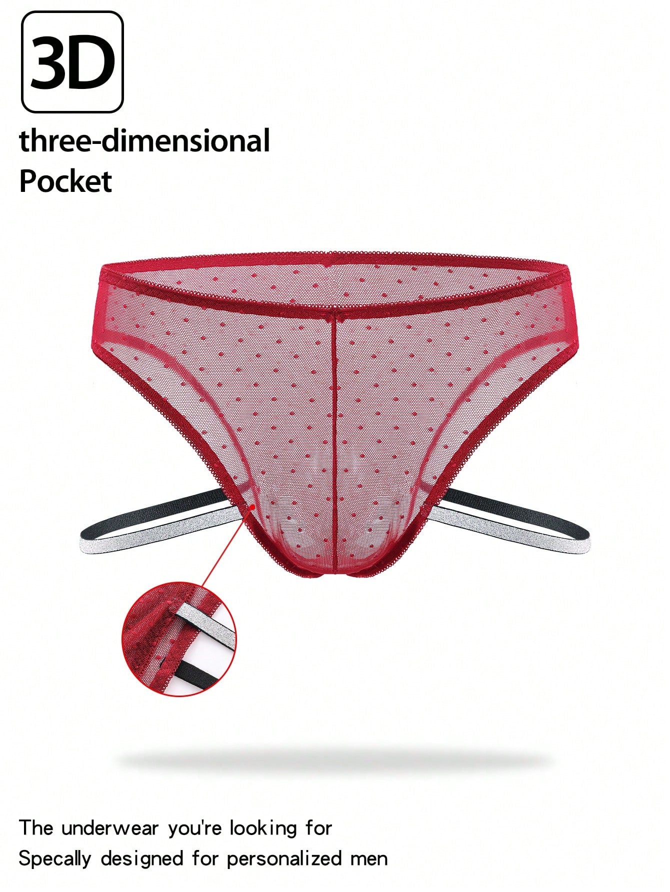Men's burgundy low-rise lace trim briefs with a geometric pattern and semi-sheer knitted fabric