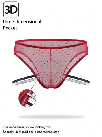 Men's burgundy low-rise lace trim briefs with a geometric pattern and semi-sheer knitted fabric