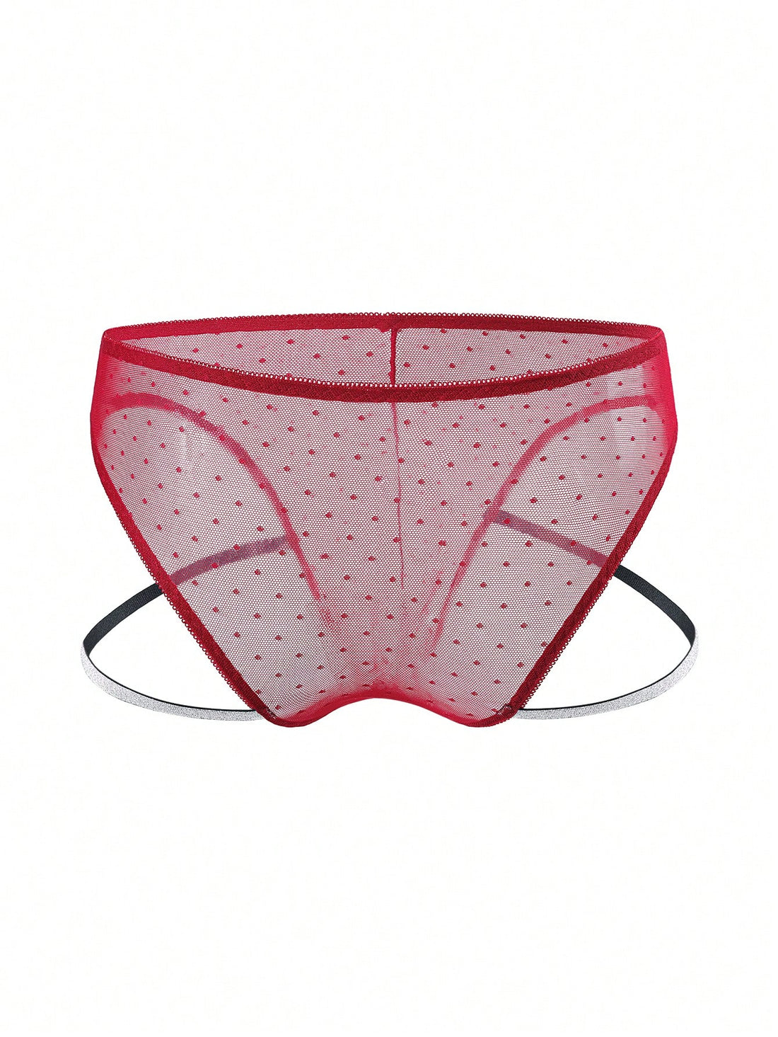 Men's burgundy low-rise lace trim briefs with a geometric pattern and semi-sheer knitted fabric