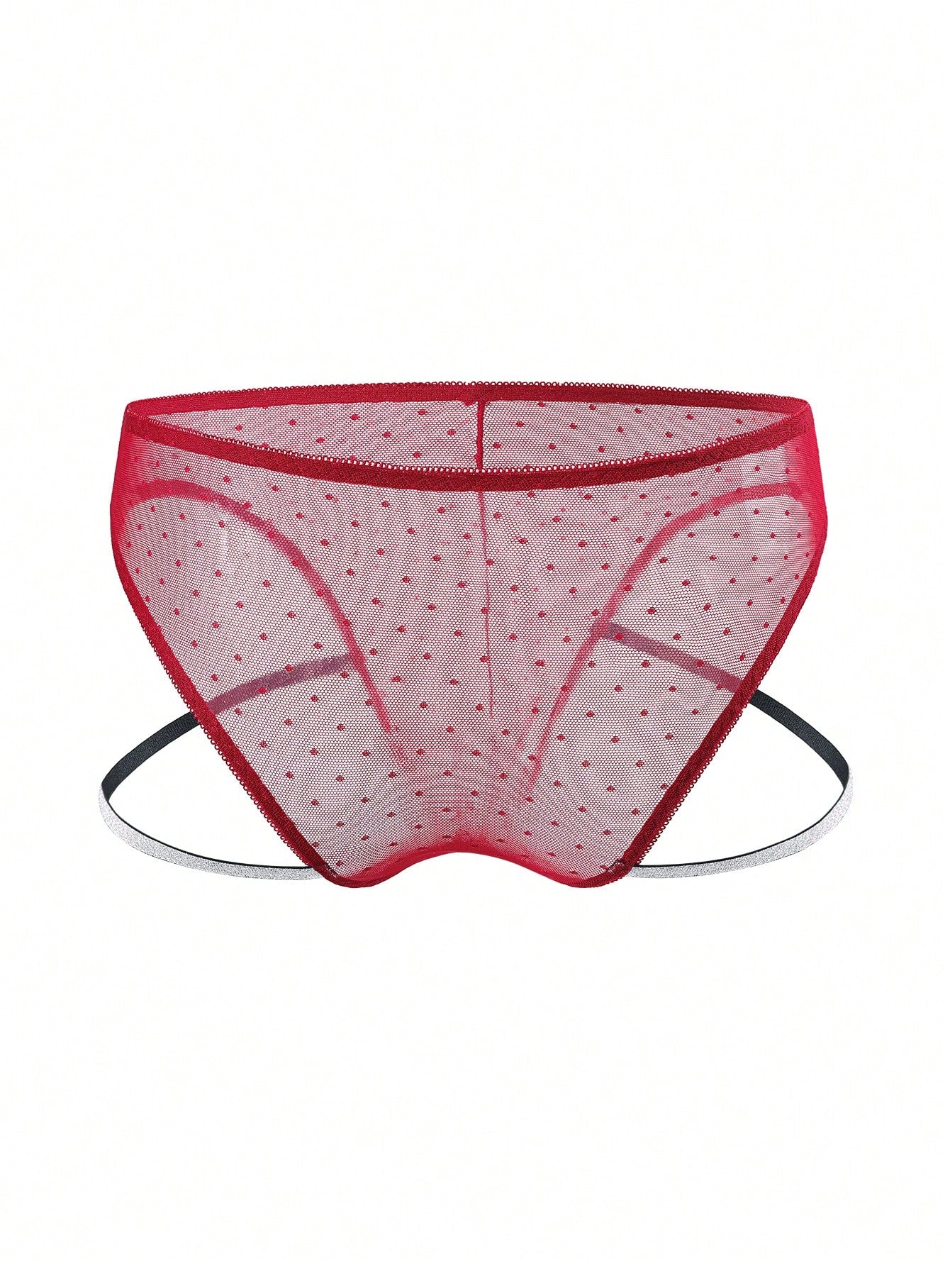 Men's burgundy low-rise lace trim briefs with a geometric pattern and semi-sheer knitted fabric