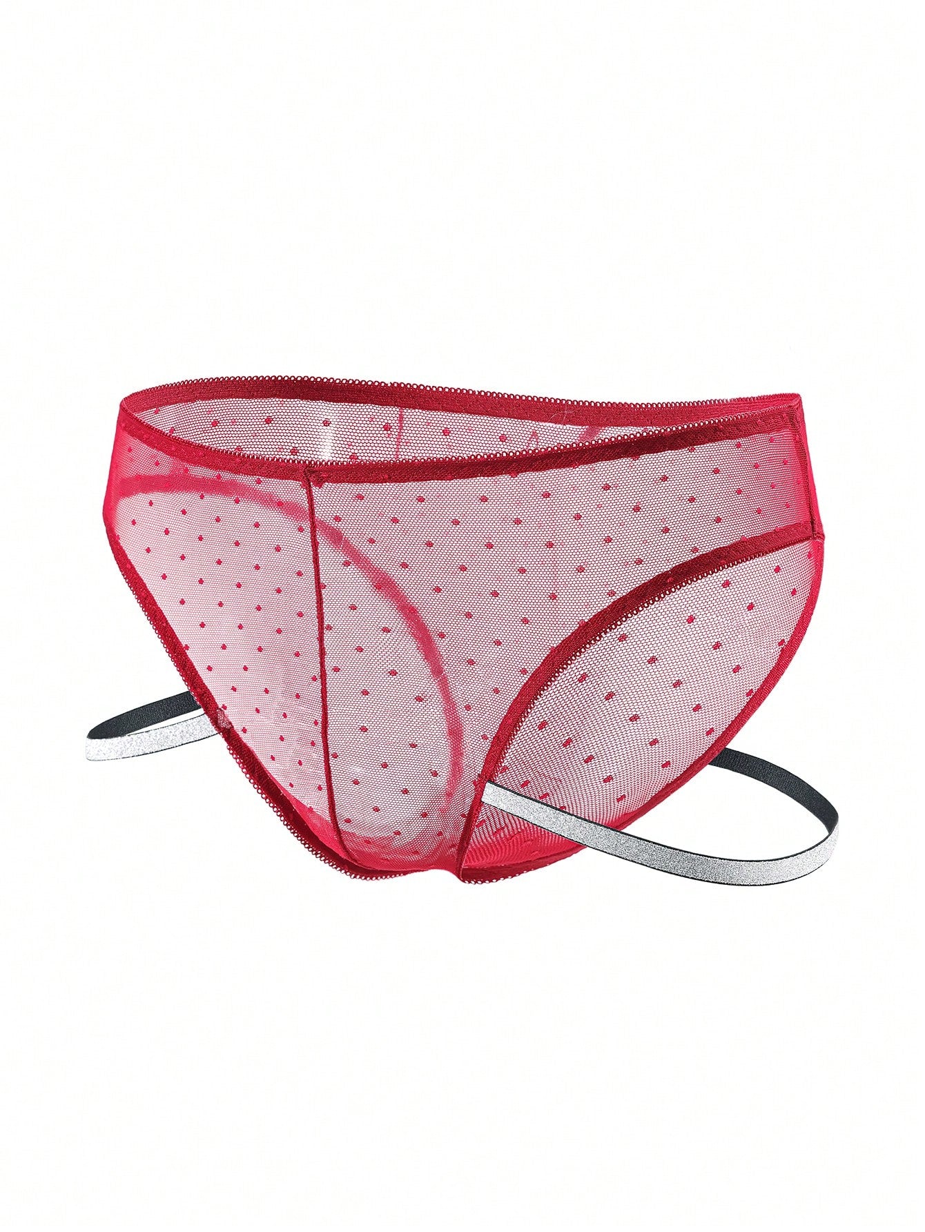 Men's burgundy low-rise lace trim briefs with a geometric pattern and semi-sheer knitted fabric