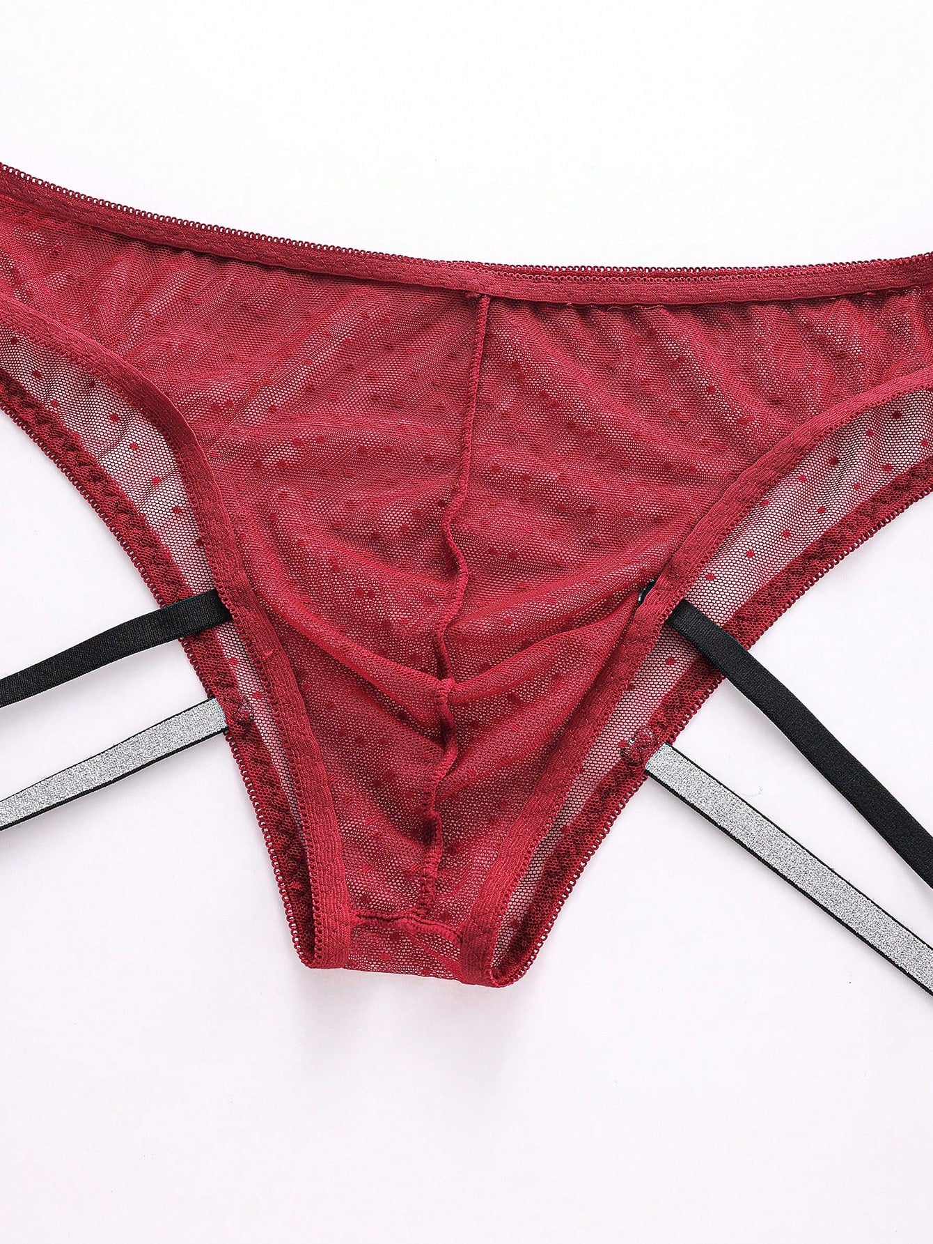 Men's burgundy low-rise lace trim briefs with a geometric pattern and semi-sheer knitted fabric