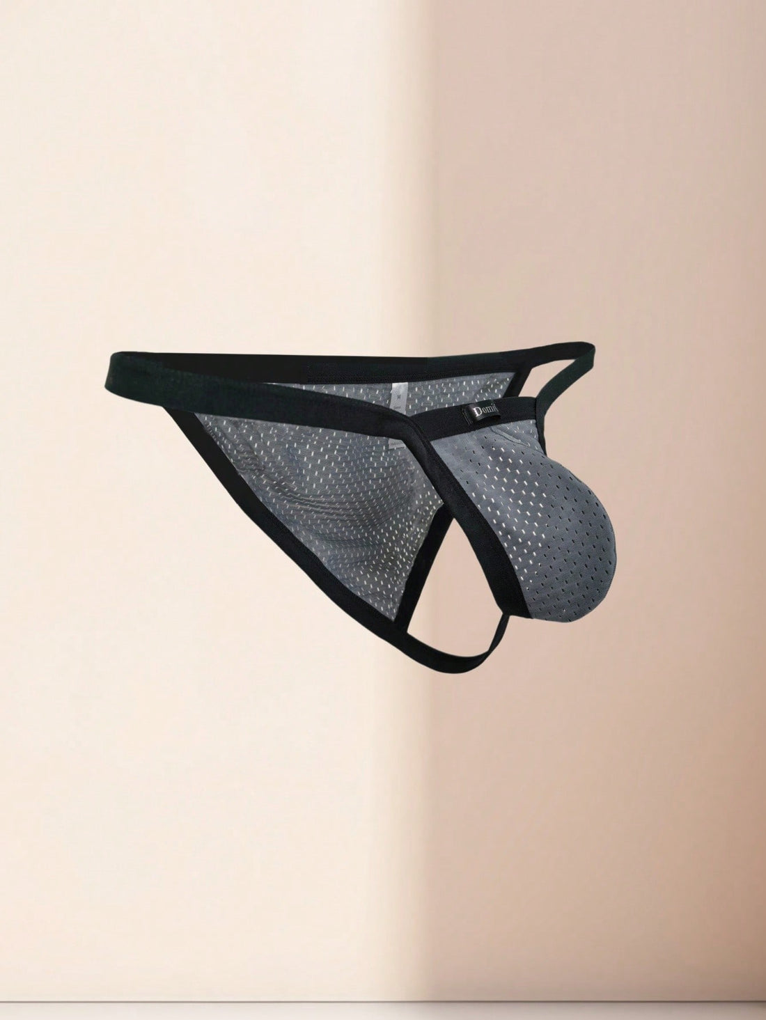 Men's grey sheer mesh low-rise briefs with hollow-out detail and letter pattern