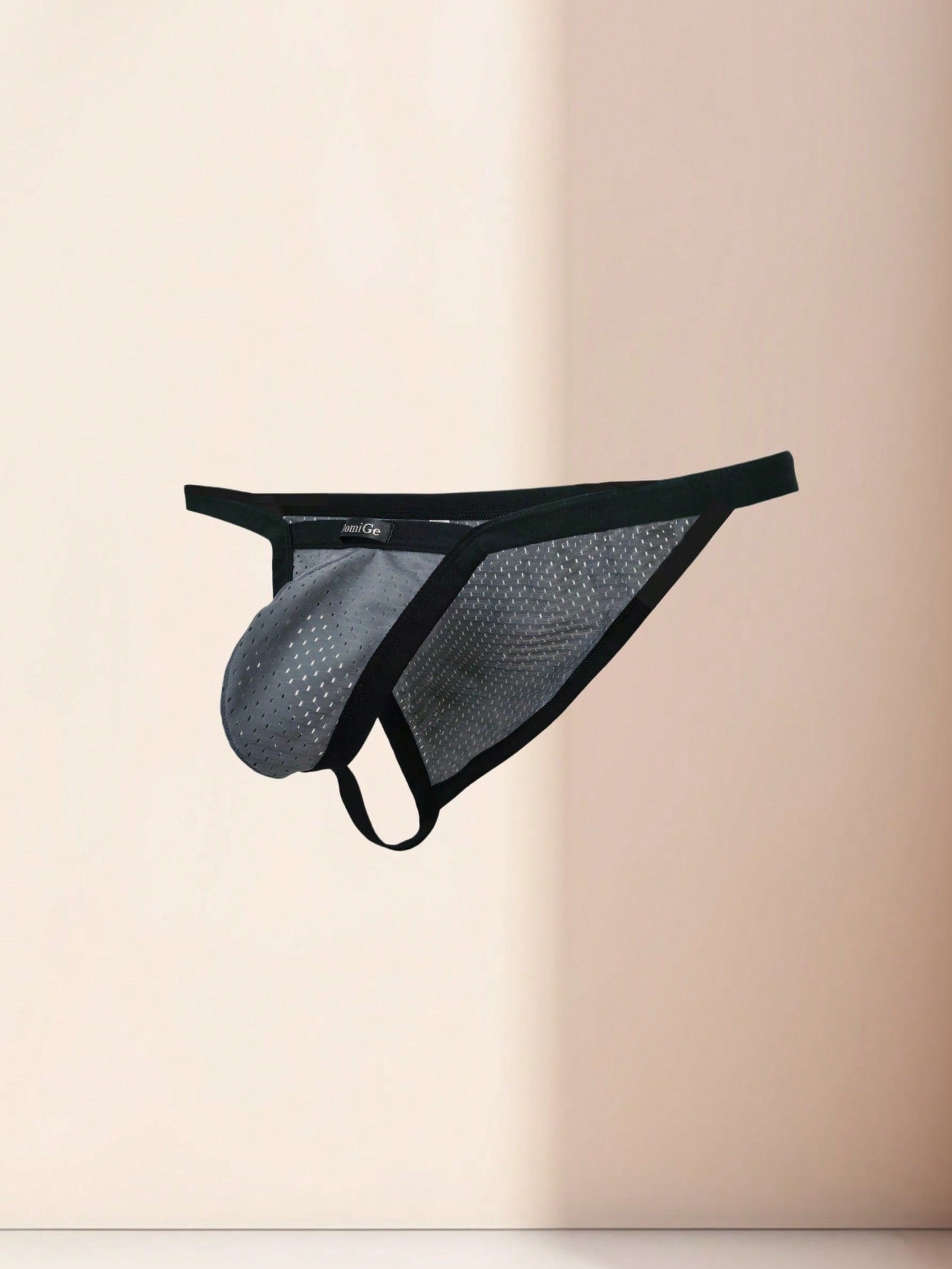 Men's grey sheer mesh low-rise briefs with hollow-out detail and letter pattern