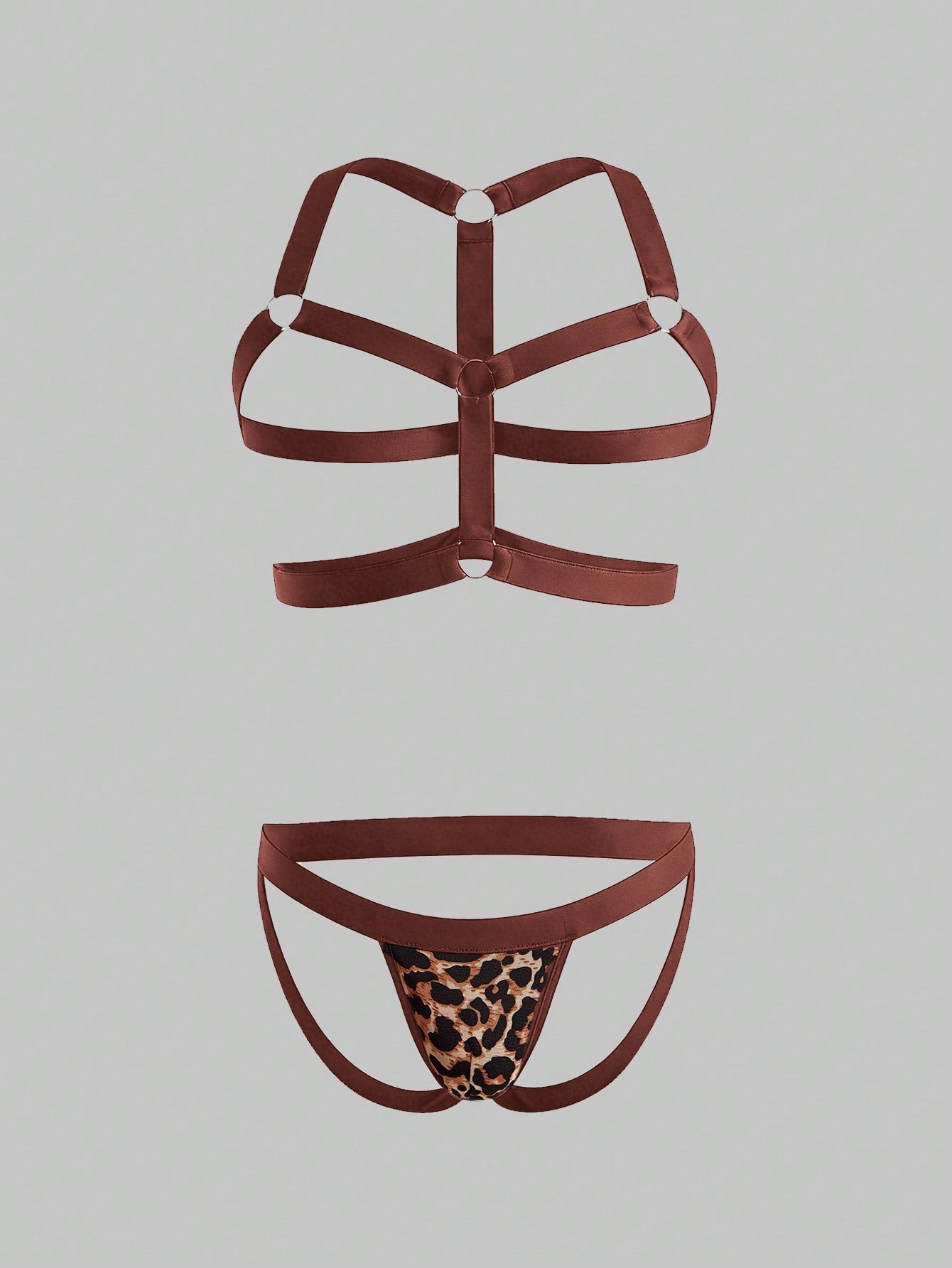 Men's leopard print mesh lingerie set with short vest, leopard tape details, knot accent, and low-rise thong.