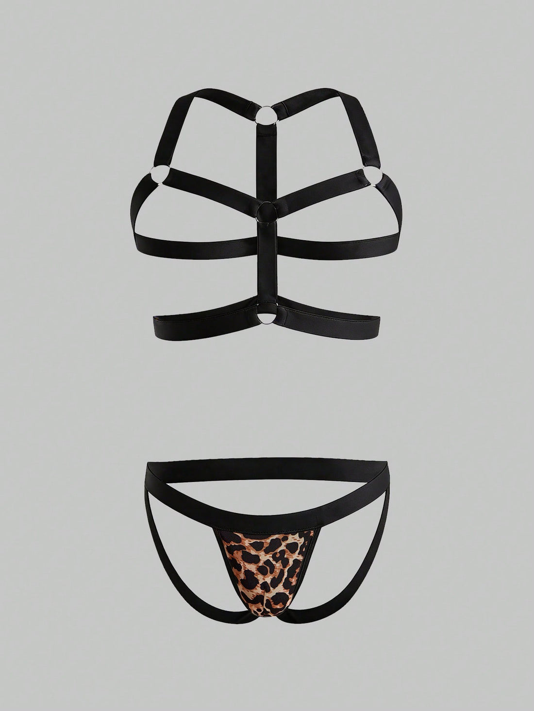 Men's leopard print mesh lingerie set with short vest, leopard tape details, knot accent, and low-rise thong.
