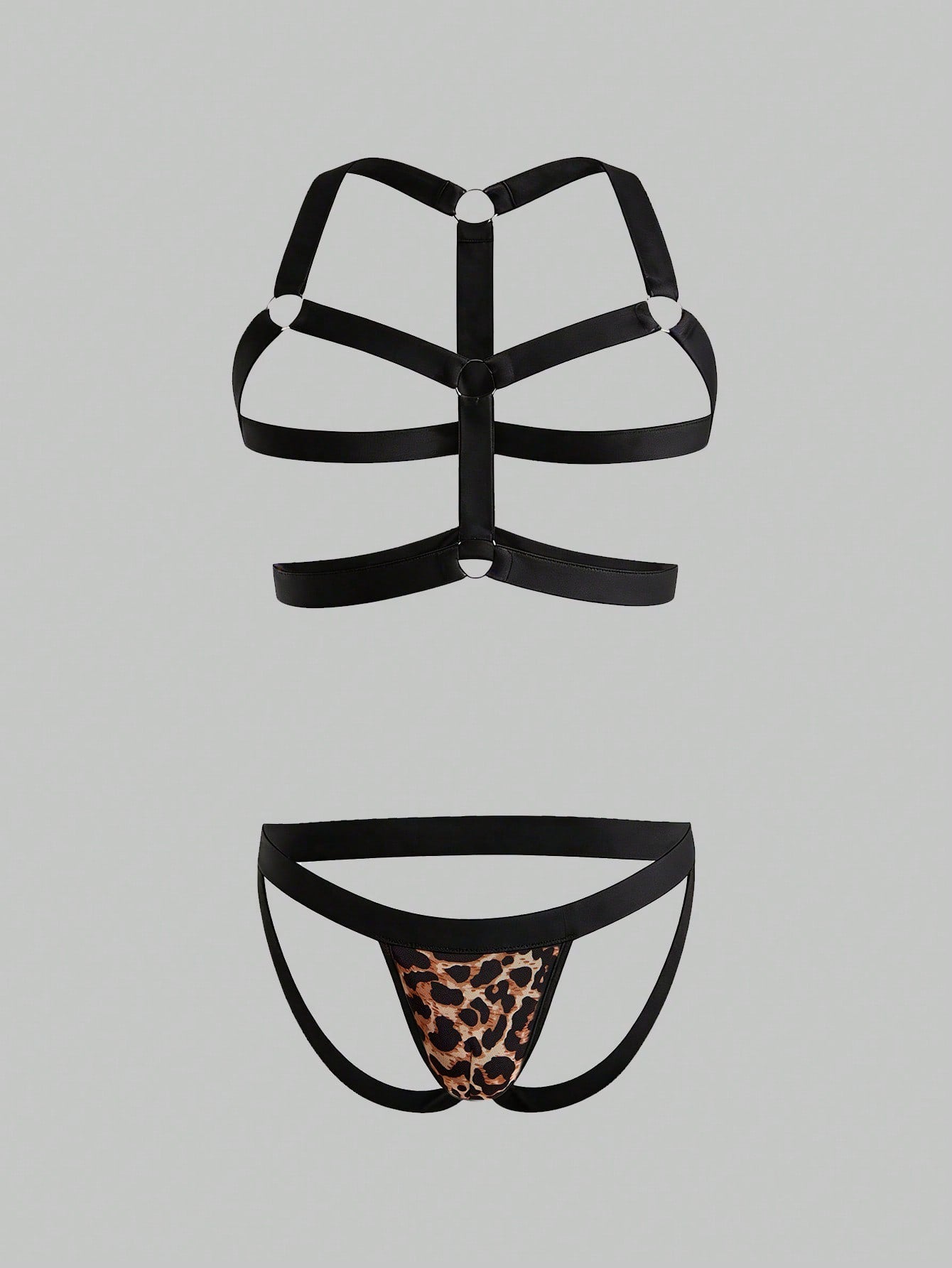Men's leopard print mesh lingerie set with short vest, leopard tape details, knot accent, and low-rise thong.