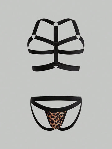 Men's leopard print mesh lingerie set with short vest, leopard tape details, knot accent, and low-rise thong.