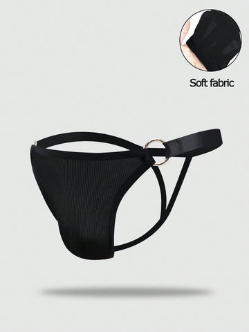 Men's low-rise thong underwear with plain cut-out design in medium-stretch knitted fabric.