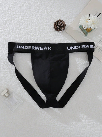 Men's multicolor low-rise G-string jockstrap with letter printed waistband, cut-out detail, and sporty tape accents