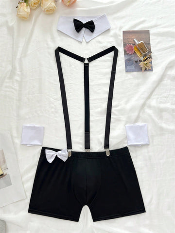 Men's bow decor contrast lace costume set with geometric pattern and slim fit short bottoms