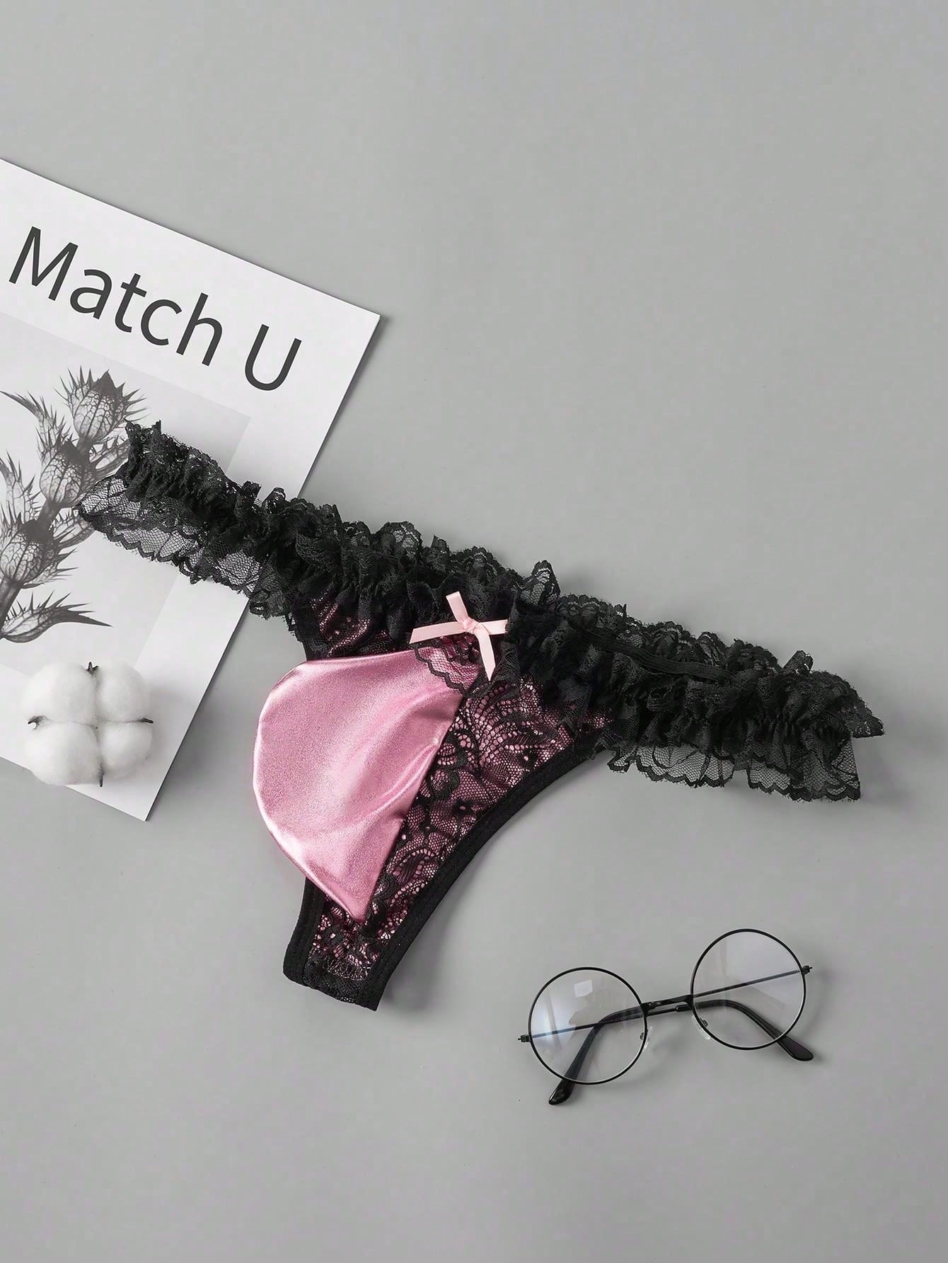 1pc Men's Faux Leather Pouch Thong Underwear, Bow Lace Breathable Stretchy Clubwear, Sexy Gift Thong