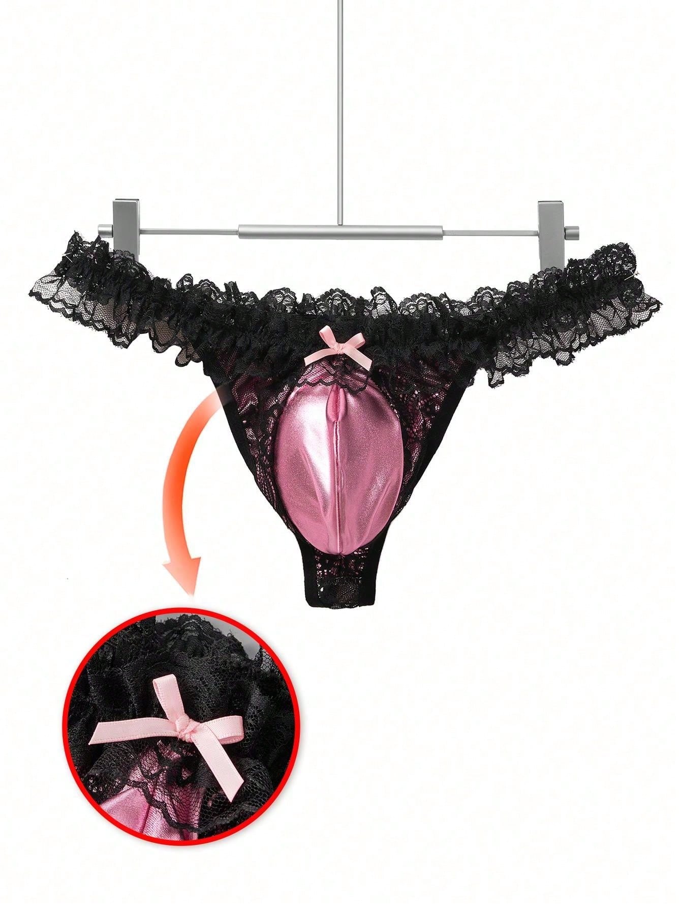 1pc Men's Faux Leather Pouch Thong Underwear, Bow Lace Breathable Stretchy Clubwear, Sexy Gift Thong