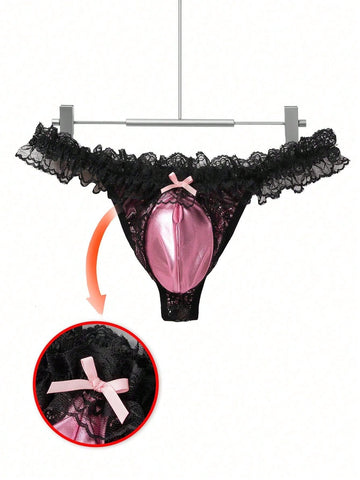 1pc Men's Faux Leather Pouch Thong Underwear, Bow Lace Breathable Stretchy Clubwear, Sexy Gift Thong